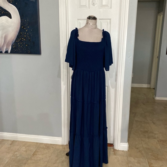 New Women 3XL blue maxi dress featuring ruffled flutter sleeves,tiered skirt - Picture 4 of 7